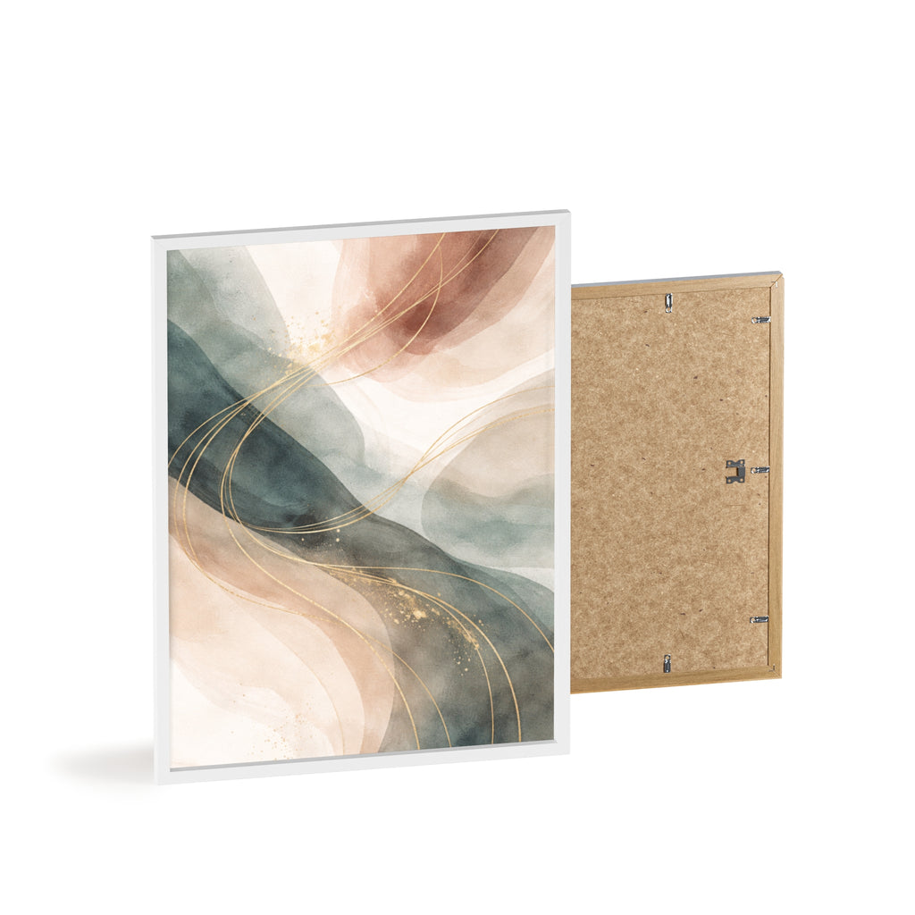 Abstract Gold Wave Poster Soft Peach & Teal Wall Art with Wooden Frame