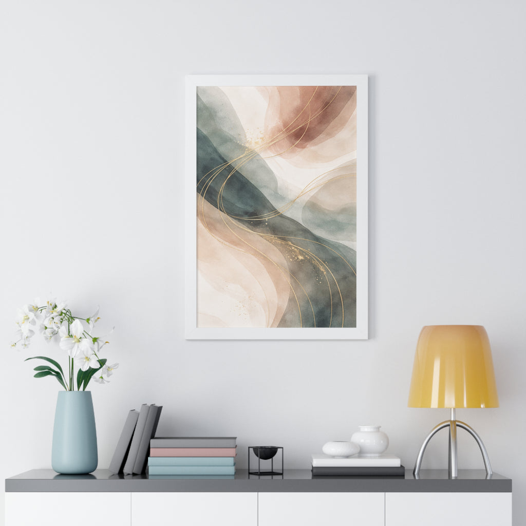 Abstract Blush & Teal Framed Poster Gold Accent Vertical Wall Art