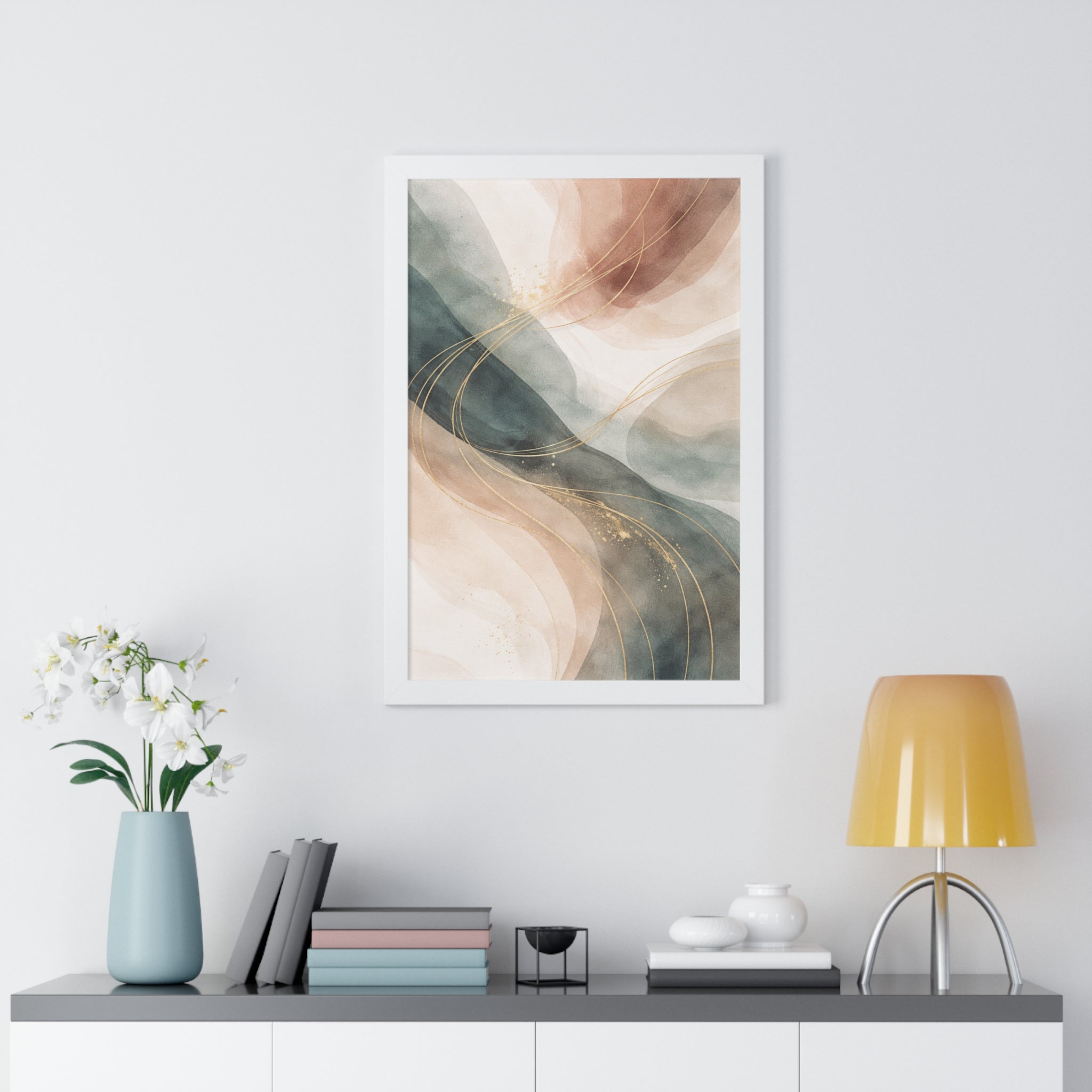 Abstract Blush & Teal Framed Poster Gold Accent Vertical Wall Art