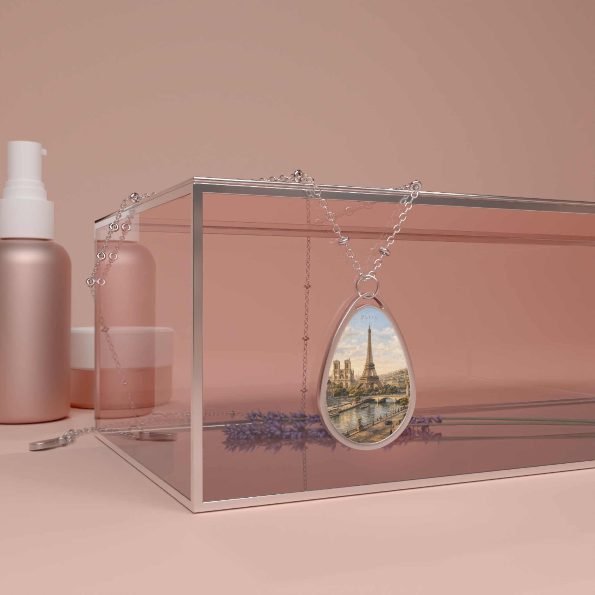Paris Skyline Teardrop Pendant Oval Necklace
