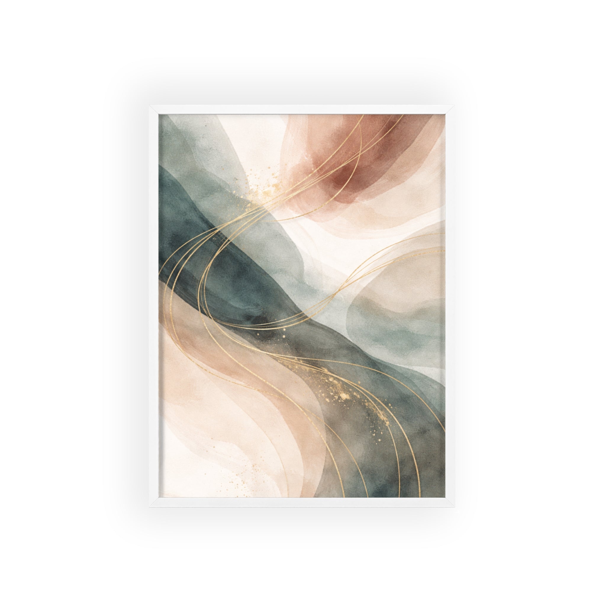 Abstract Gold Wave Poster Soft Peach & Teal Wall Art with Wooden Frame