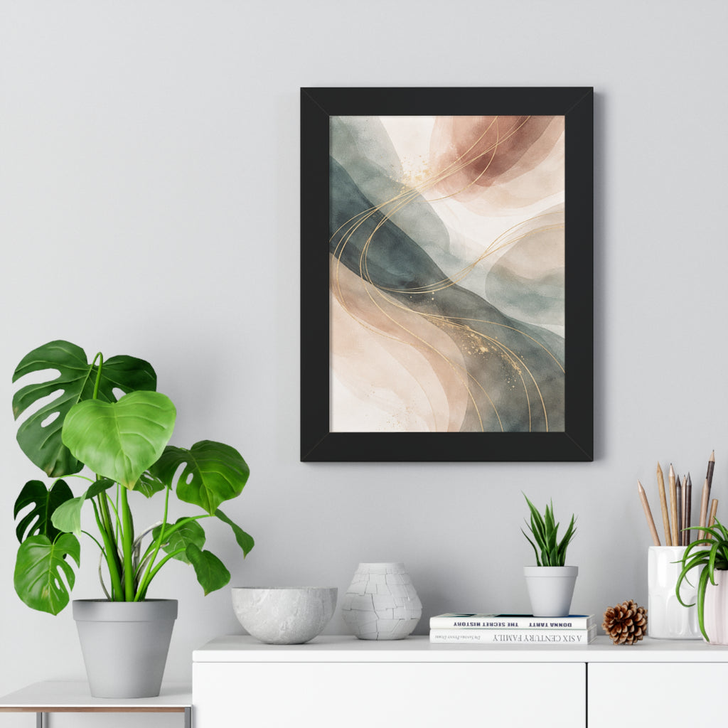 Abstract Blush & Teal Framed Poster Gold Accent Vertical Wall Art
