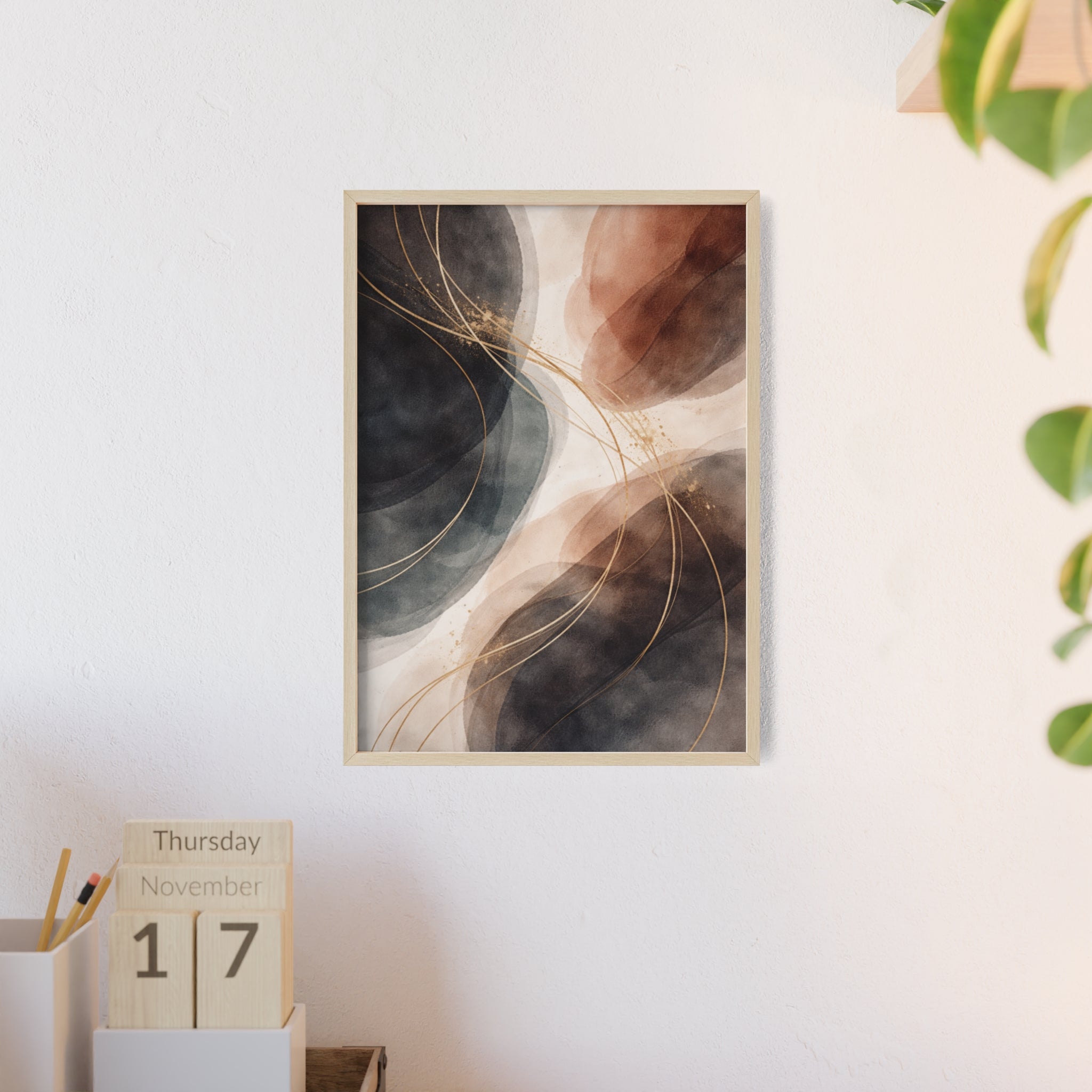 Abstract Earth Tones Poster with Wooden Frame Modern Minimal Wall Art