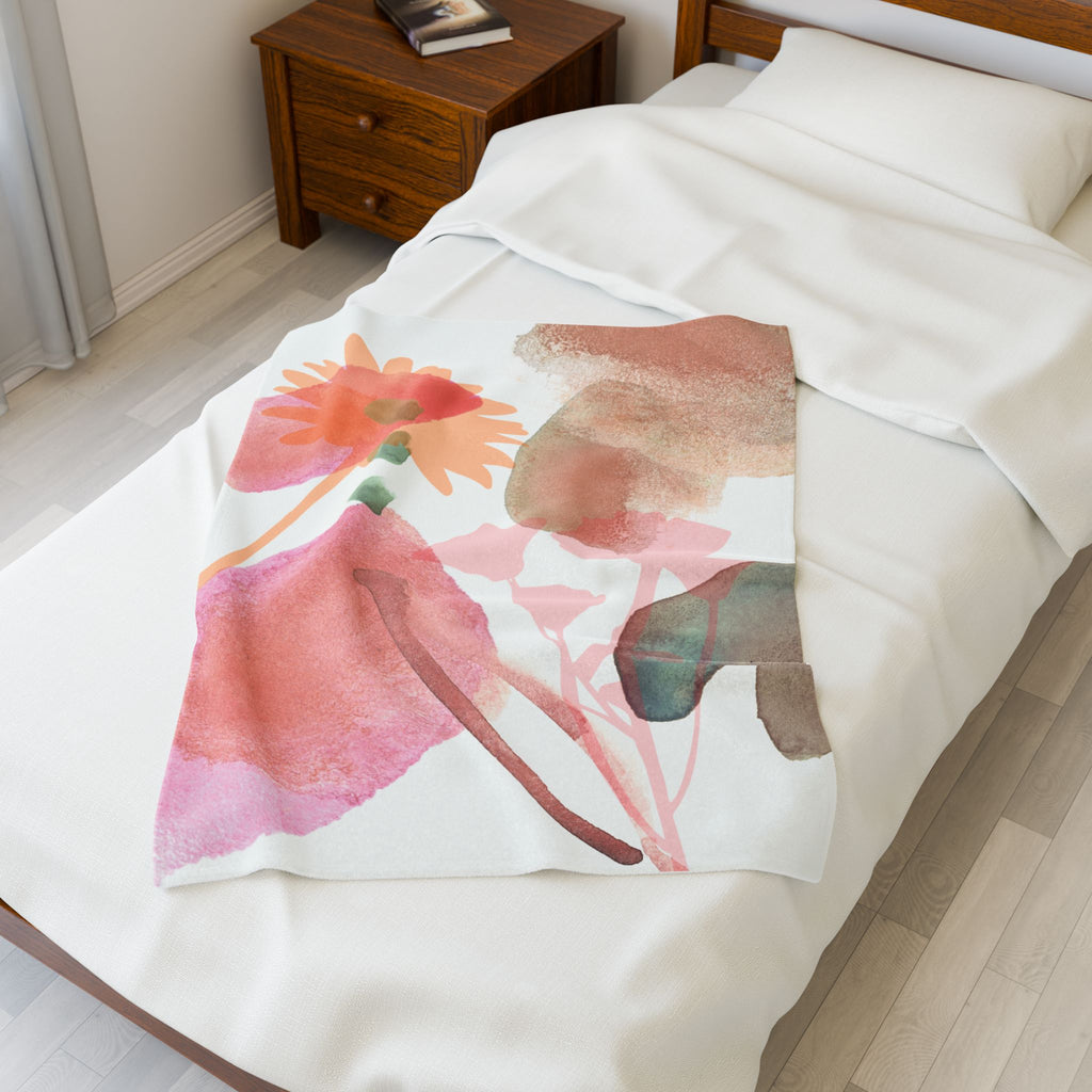 Floral Watercolor Velveteen Plush Blanket Soft Pink Botanical Throw