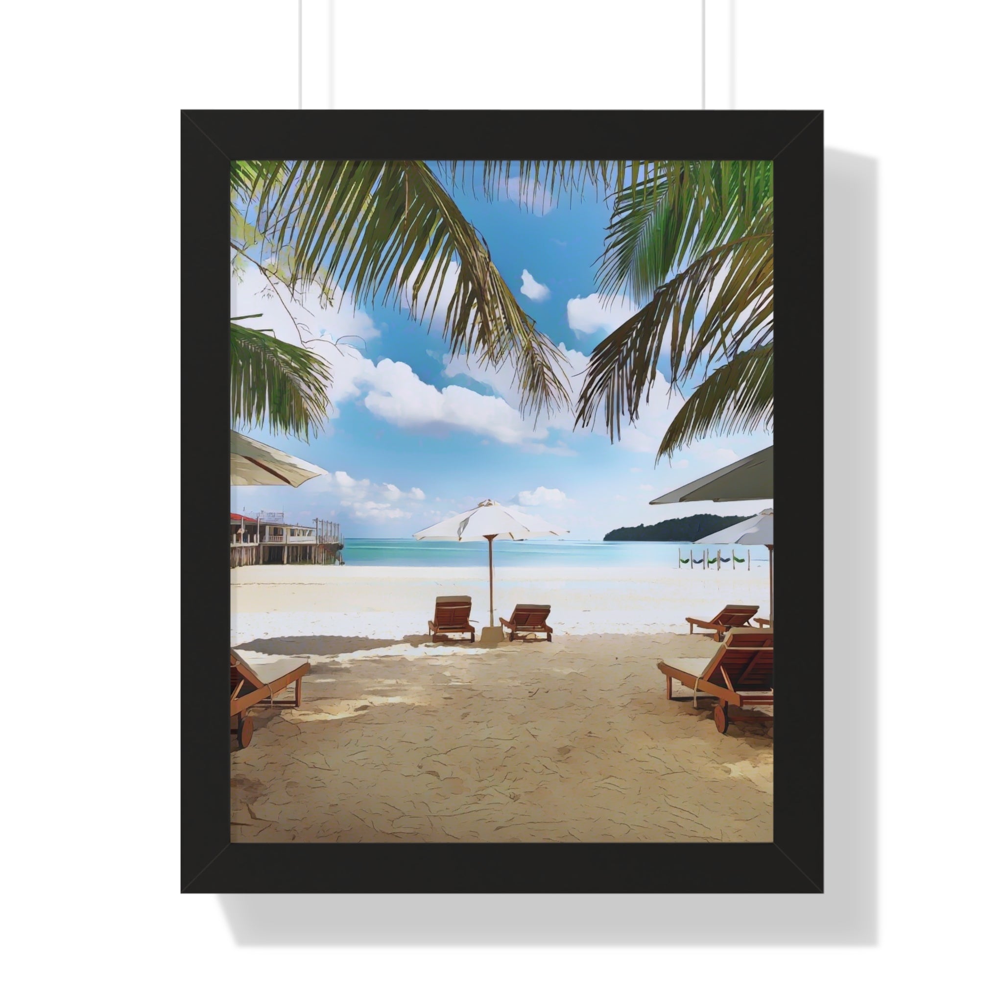 Tropical Beach Scene Palm Trees, Lounge Chairs, Ocean View Framed Vertical Poster