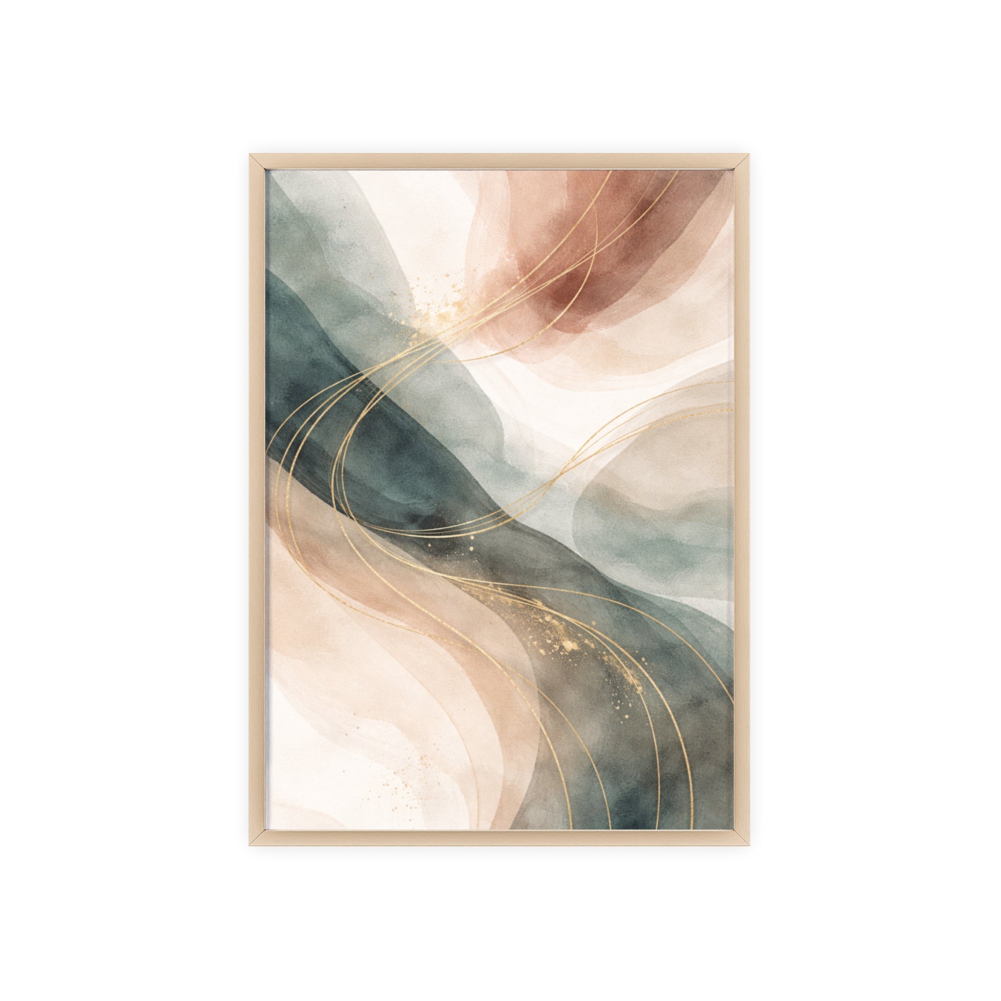 Abstract Gold Wave Poster Soft Peach & Teal Wall Art with Wooden Frame