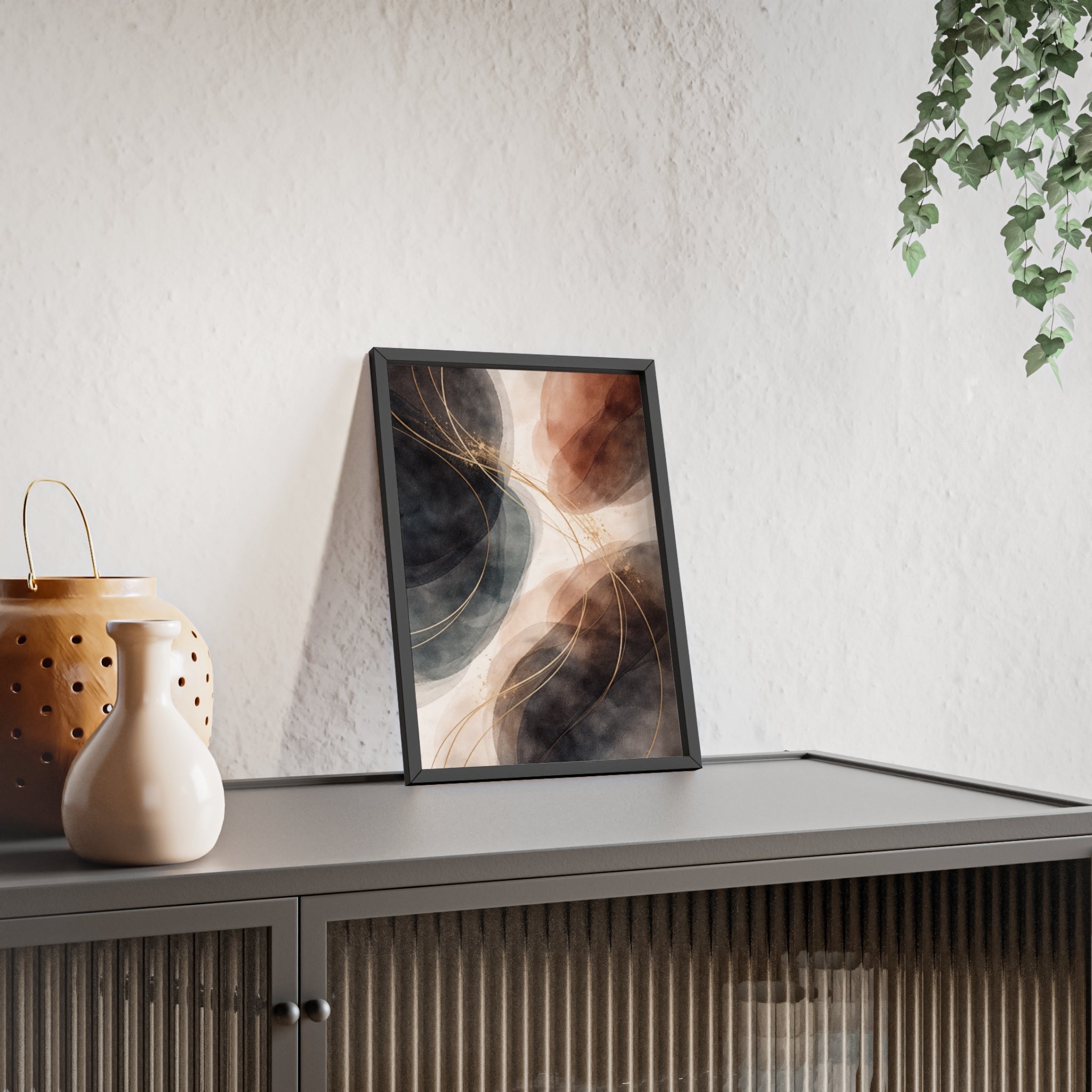 Abstract Earth Tones Poster with Wooden Frame Modern Minimal Wall Art