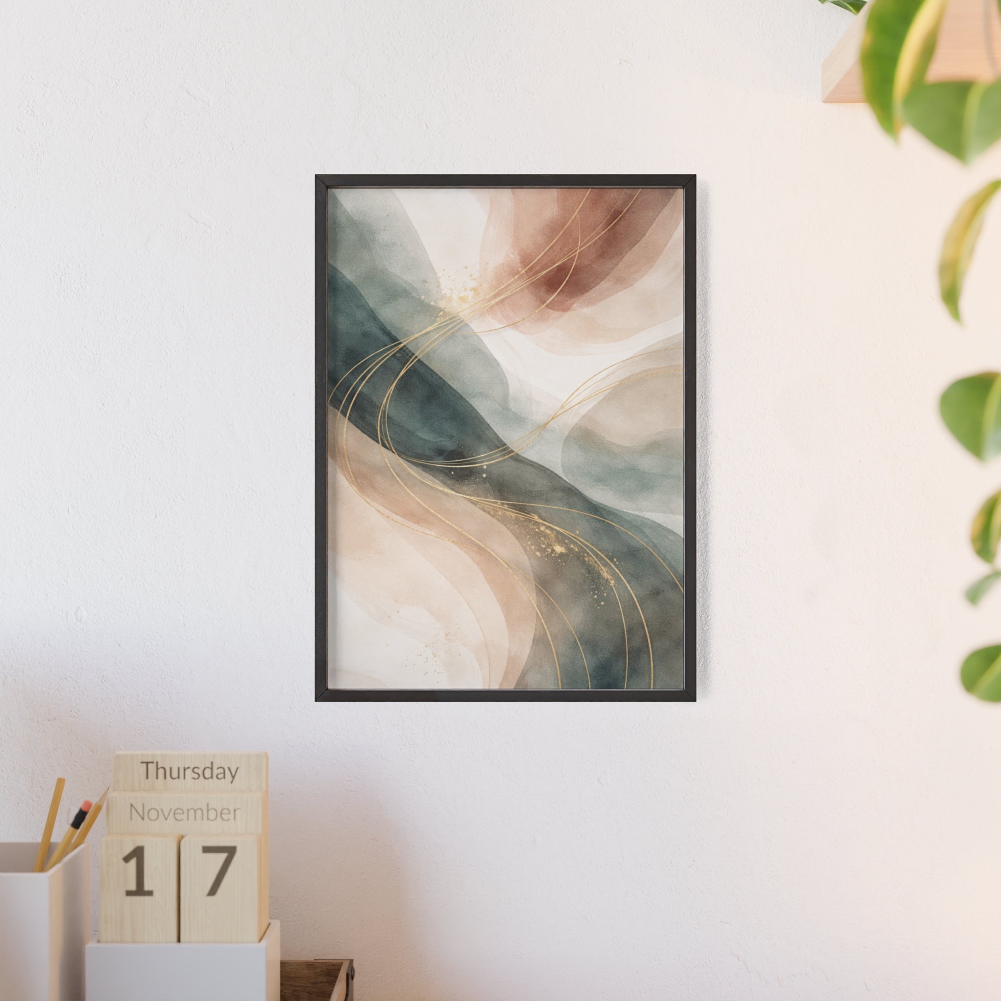 Abstract Gold Wave Poster Soft Peach & Teal Wall Art with Wooden Frame