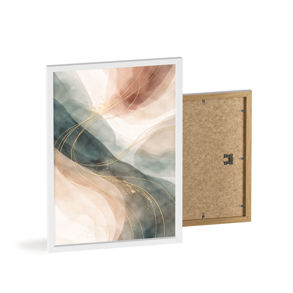 Abstract Gold Wave Poster Soft Peach & Teal Wall Art with Wooden Frame