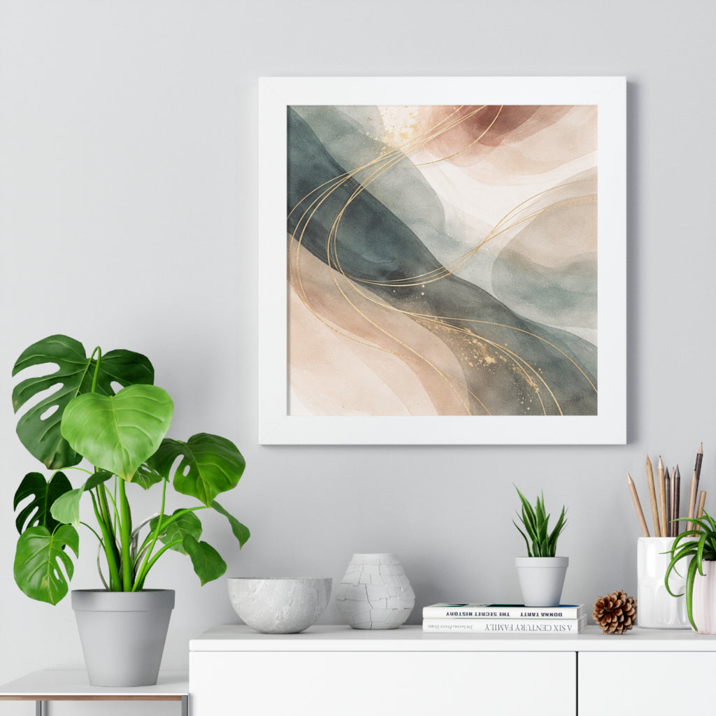 Abstract Blush & Teal Framed Poster Gold Accent Vertical Wall Art