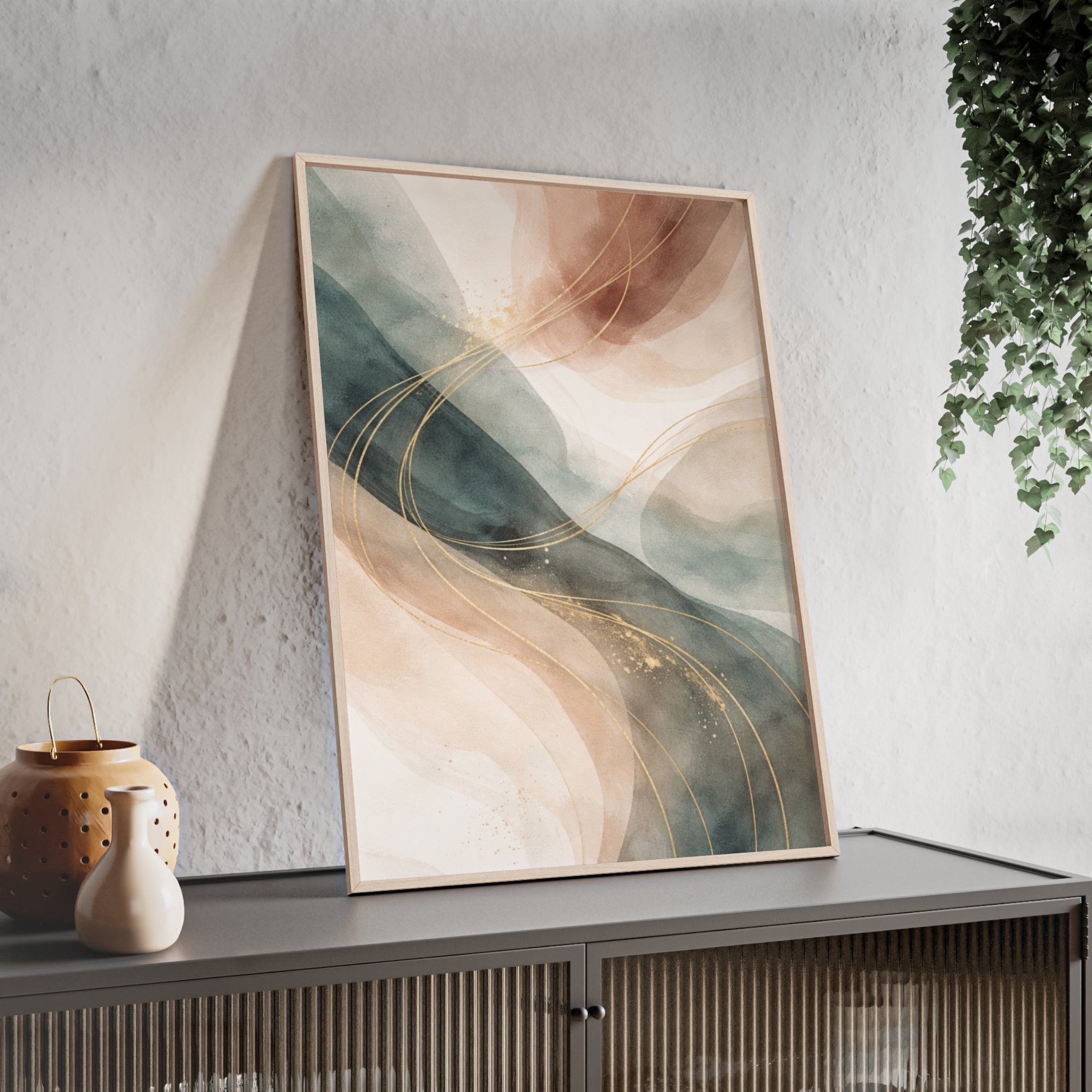 Abstract Gold Wave Poster Soft Peach & Teal Wall Art with Wooden Frame