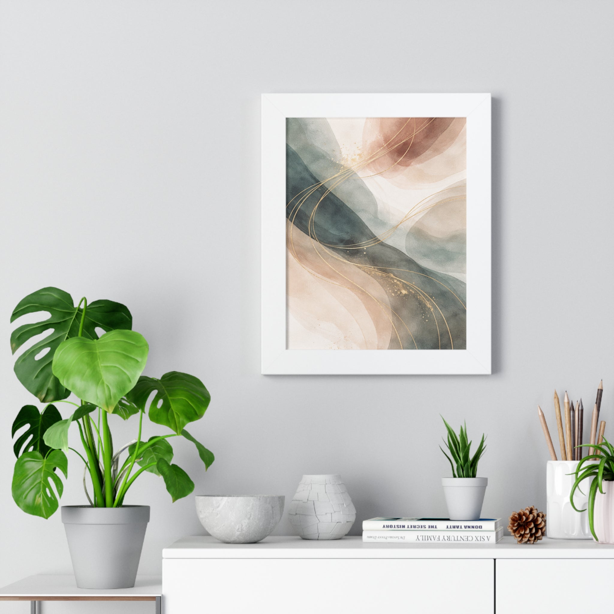 Abstract Blush & Teal Framed Poster Gold Accent Vertical Wall Art