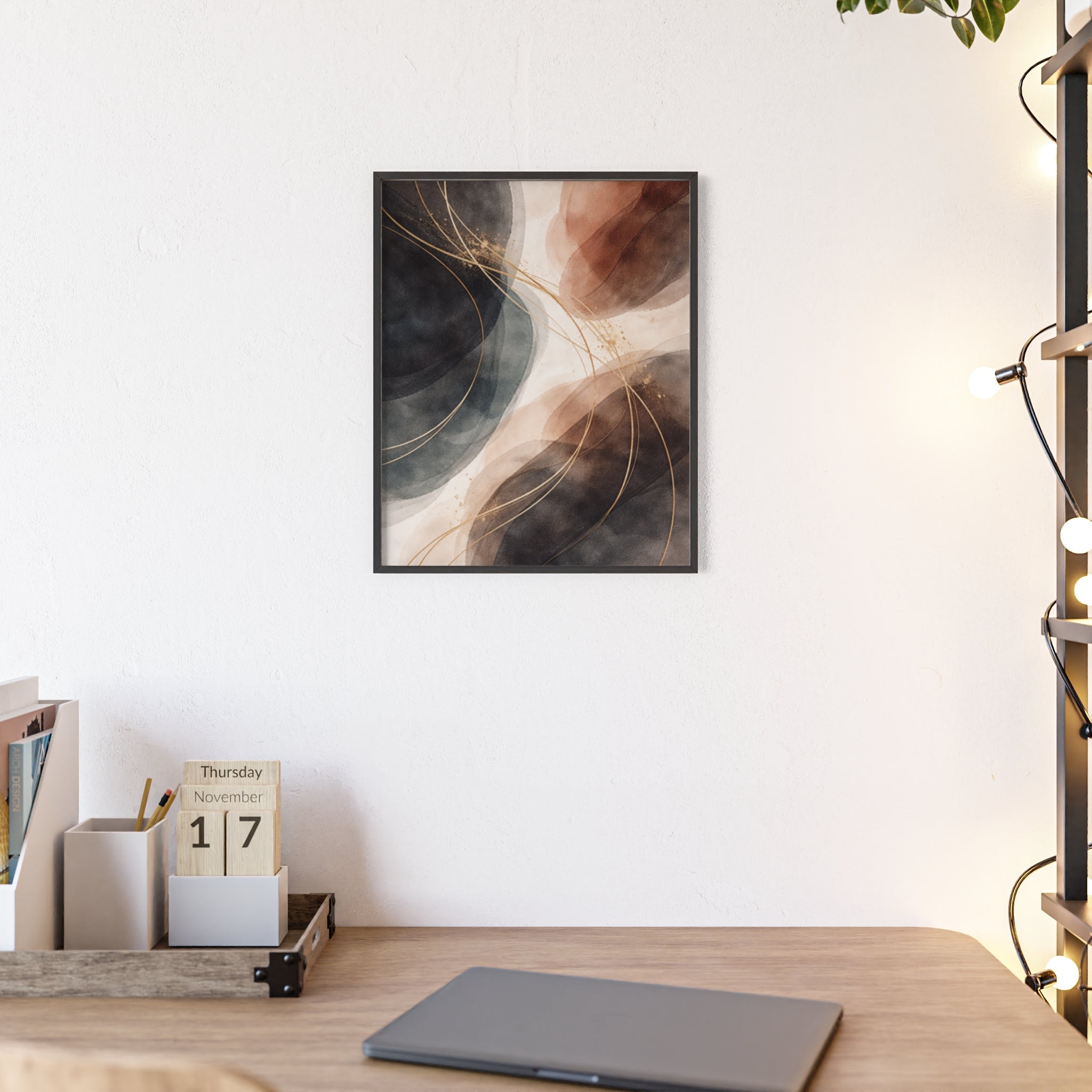 Abstract Earth Tones Poster with Wooden Frame Modern Minimal Wall Art