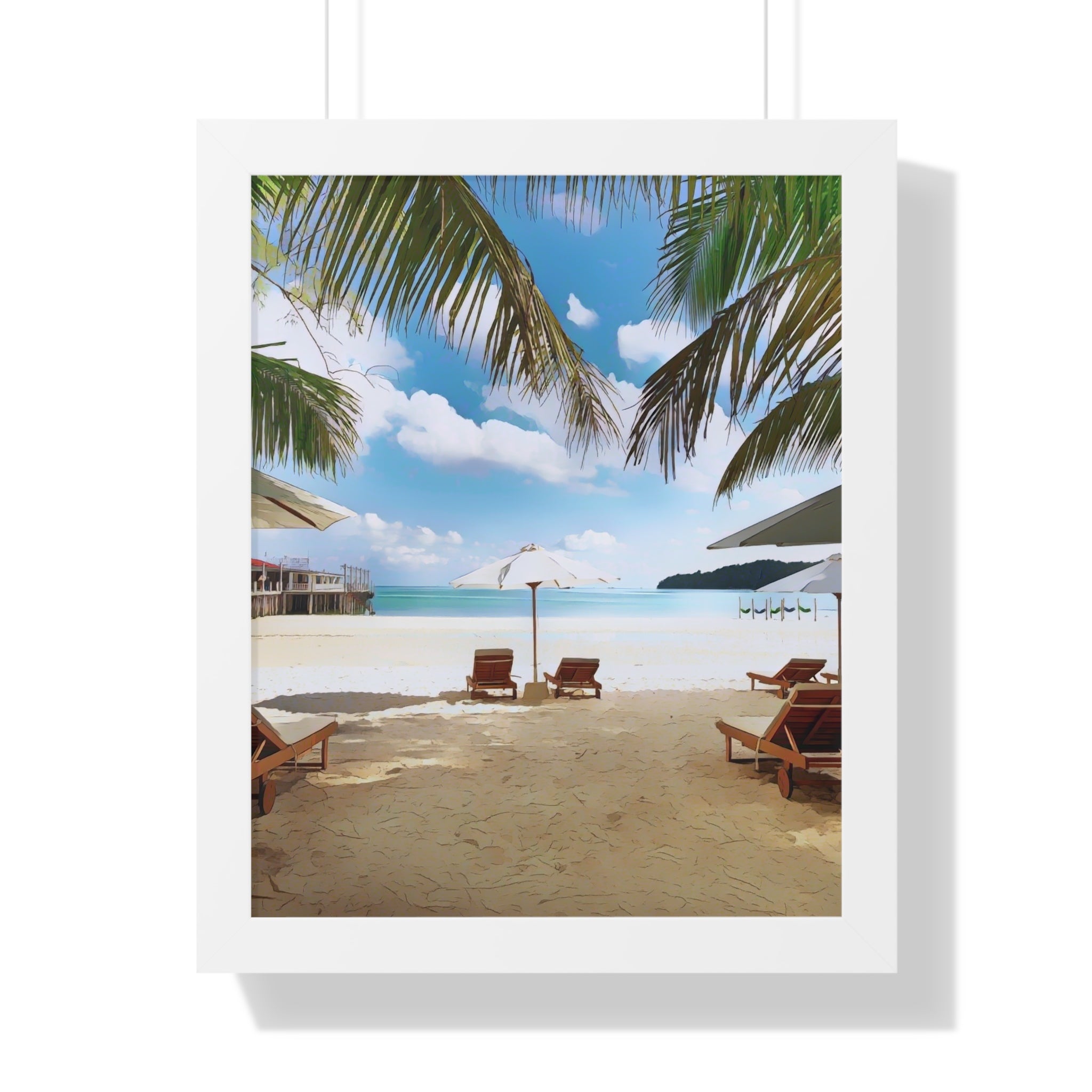 Tropical Beach Scene Palm Trees, Lounge Chairs, Ocean View Framed Vertical Poster
