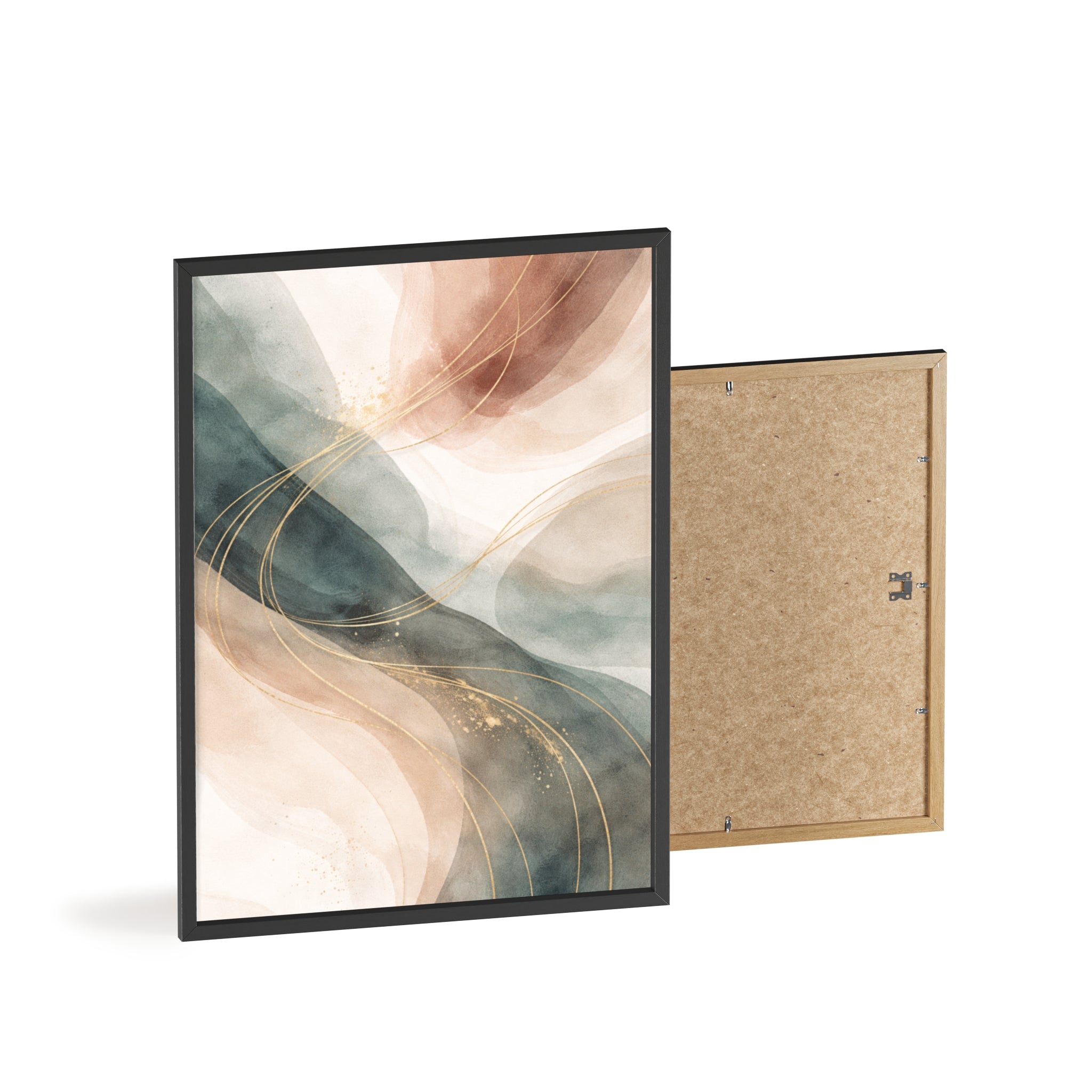 Abstract Gold Wave Poster Soft Peach & Teal Wall Art with Wooden Frame