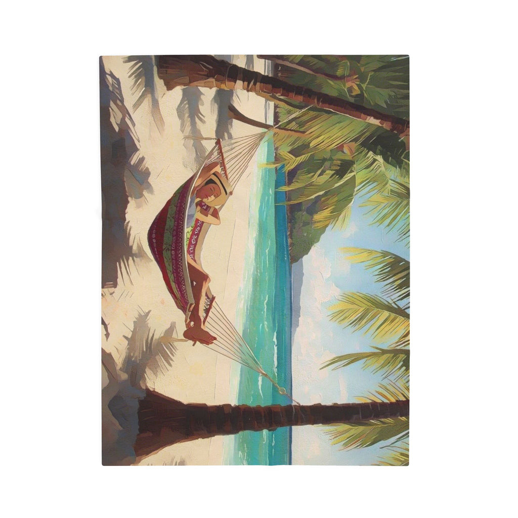 Girl in Hammock on Beach Between Palm Trees Velveteen Plush Blanket