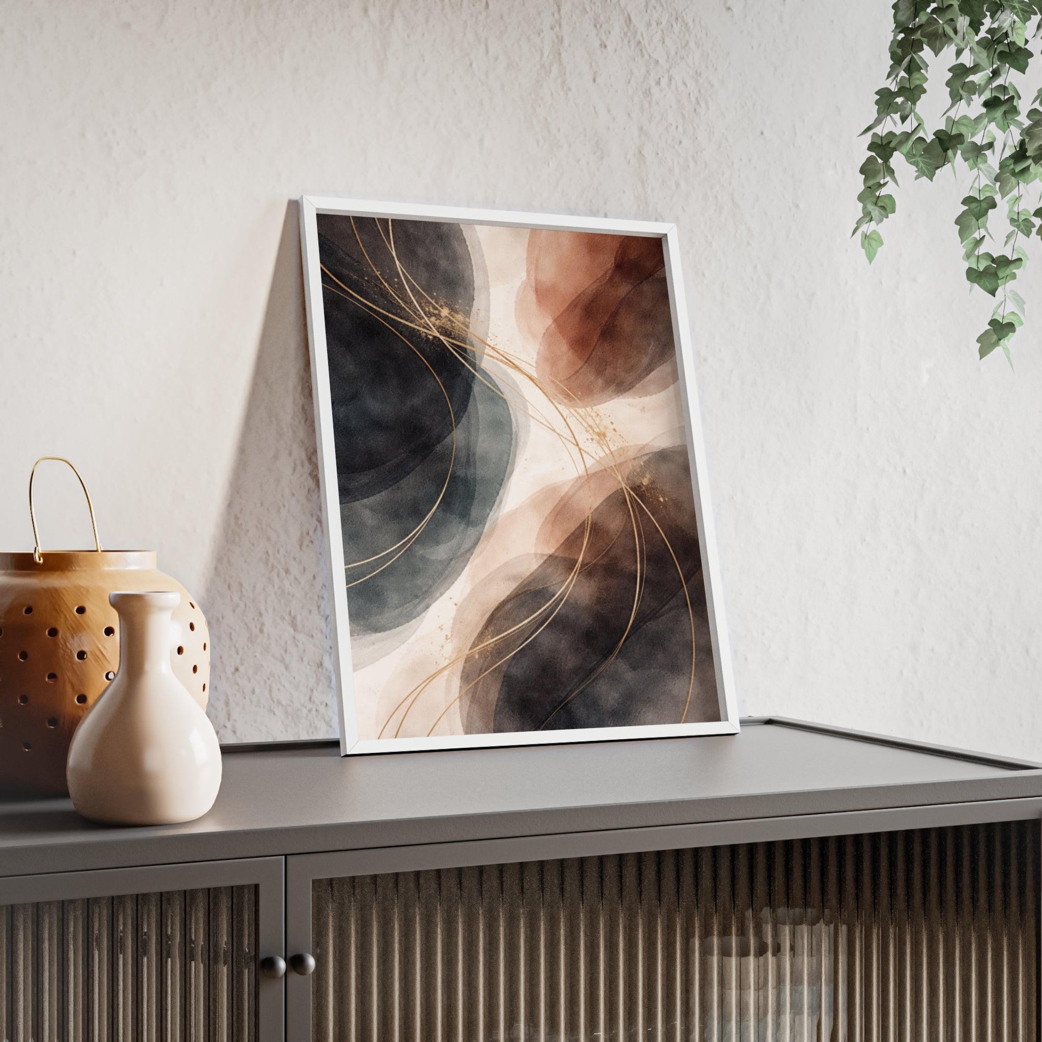 Abstract Earth Tones Poster with Wooden Frame Modern Minimal Wall Art