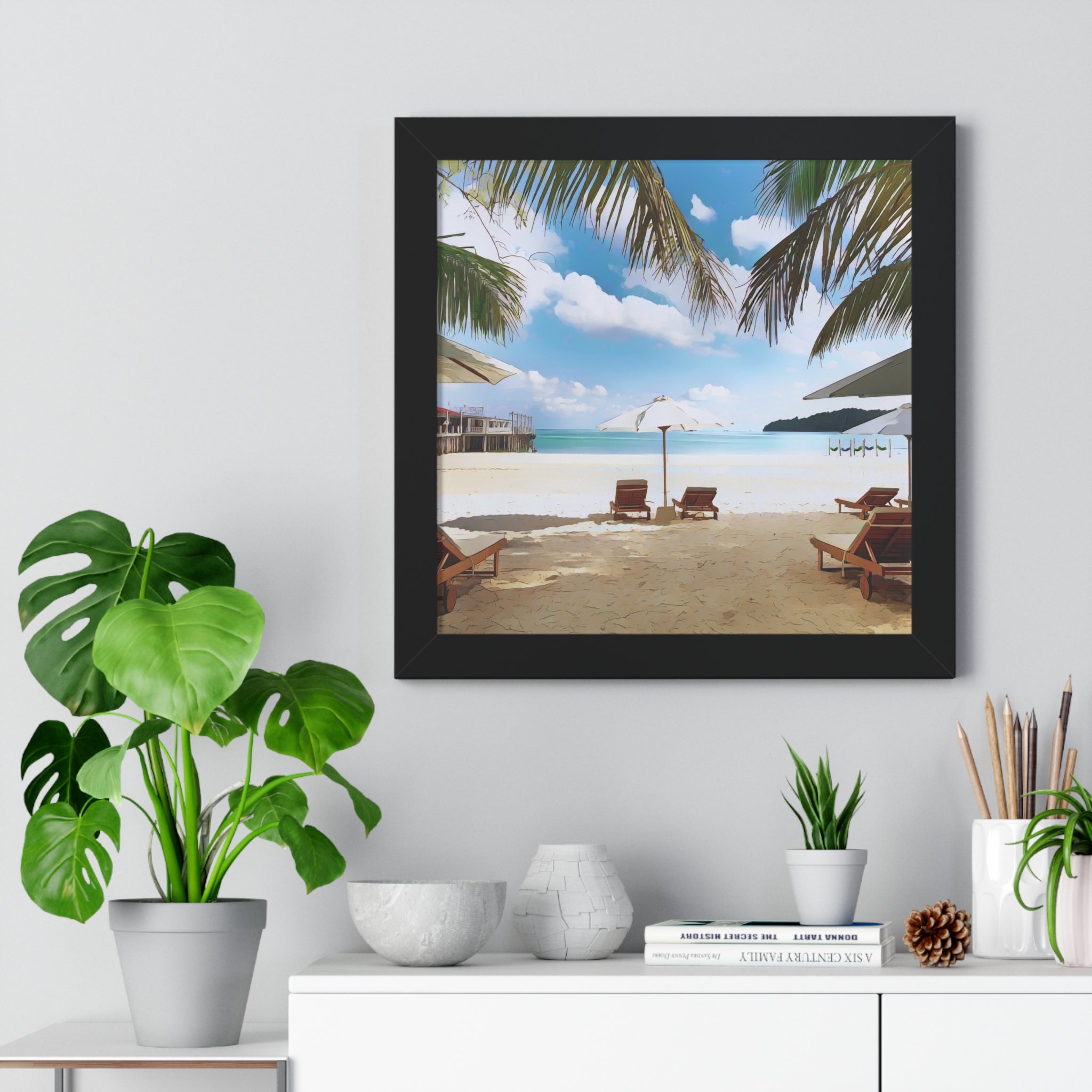 Tropical Beach Scene Palm Trees, Lounge Chairs, Ocean View Framed Vertical Poster