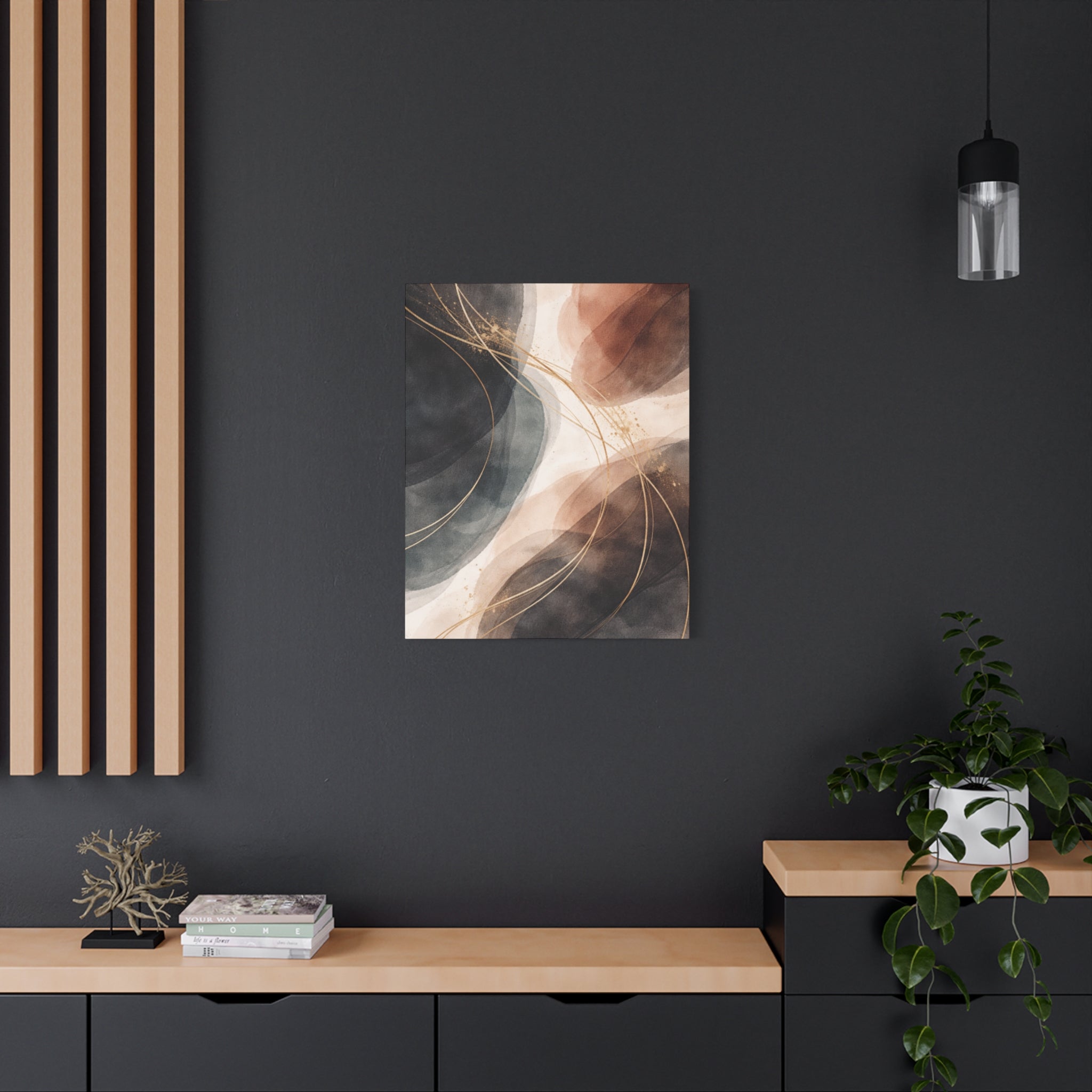 Abstract Earth Tones Matte Canvas Wall Art Modern Gold Line Accent