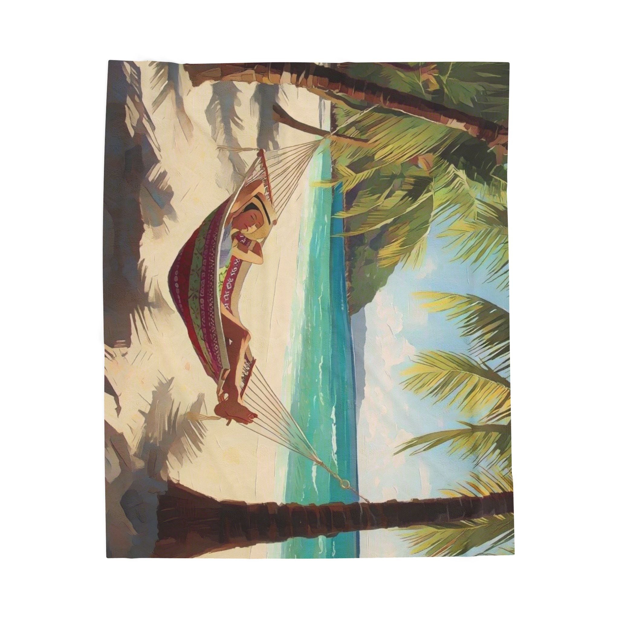 Girl in Hammock on Beach Between Palm Trees Velveteen Plush Blanket