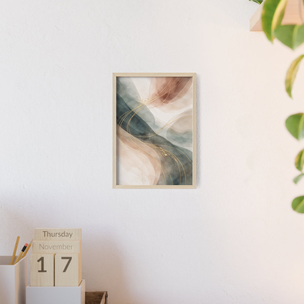 Abstract Gold Wave Poster Soft Peach & Teal Wall Art with Wooden Frame