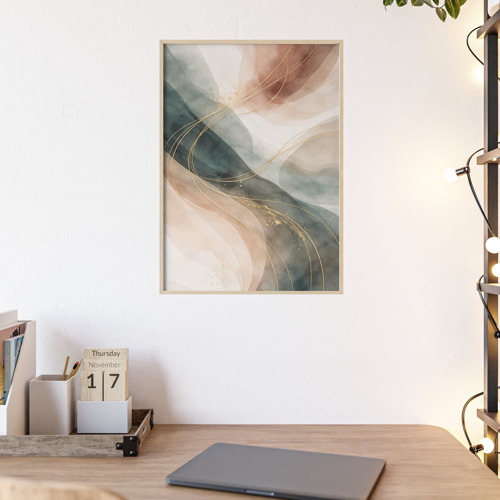 Abstract Gold Wave Poster Soft Peach & Teal Wall Art with Wooden Frame