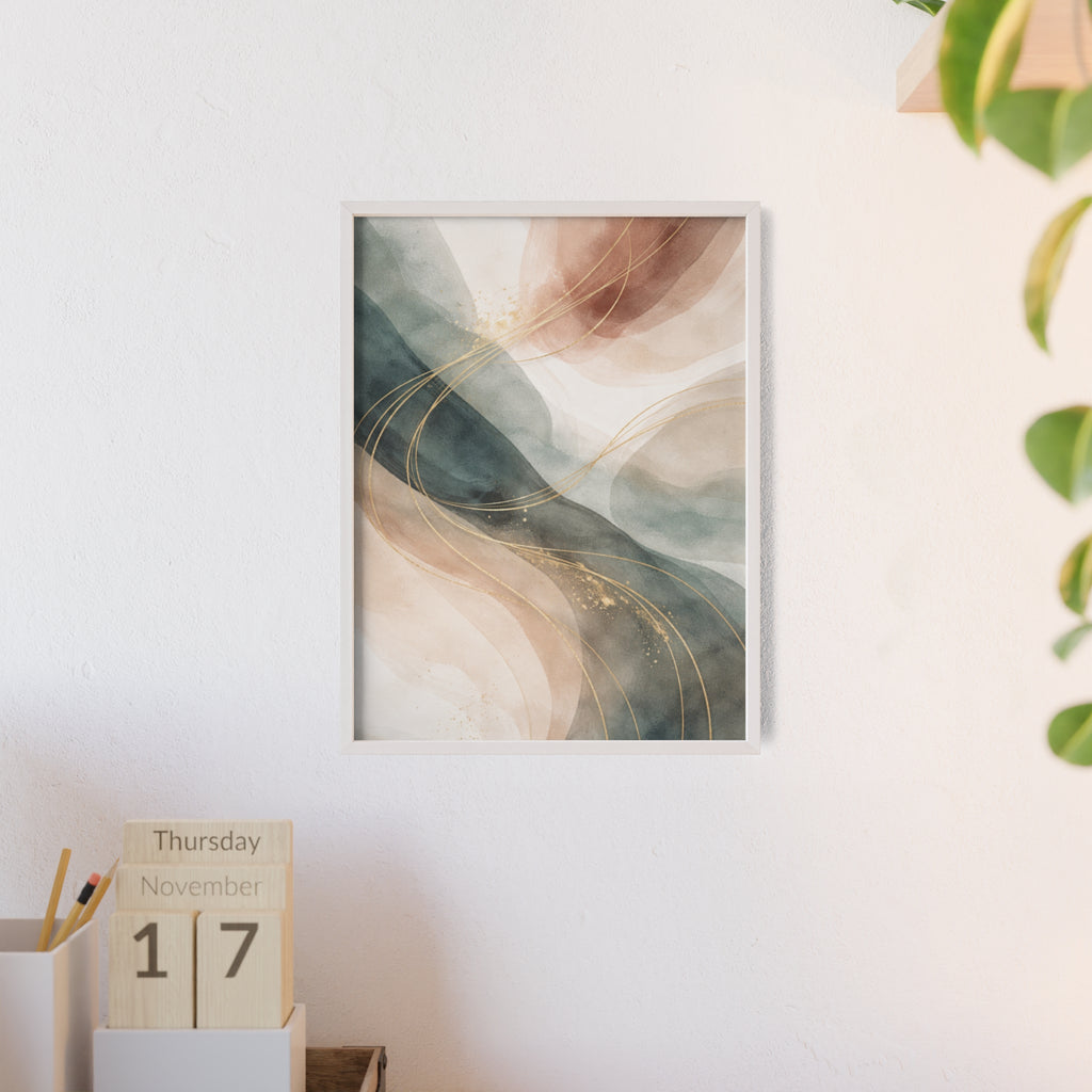 Abstract Gold Wave Poster Soft Peach & Teal Wall Art with Wooden Frame