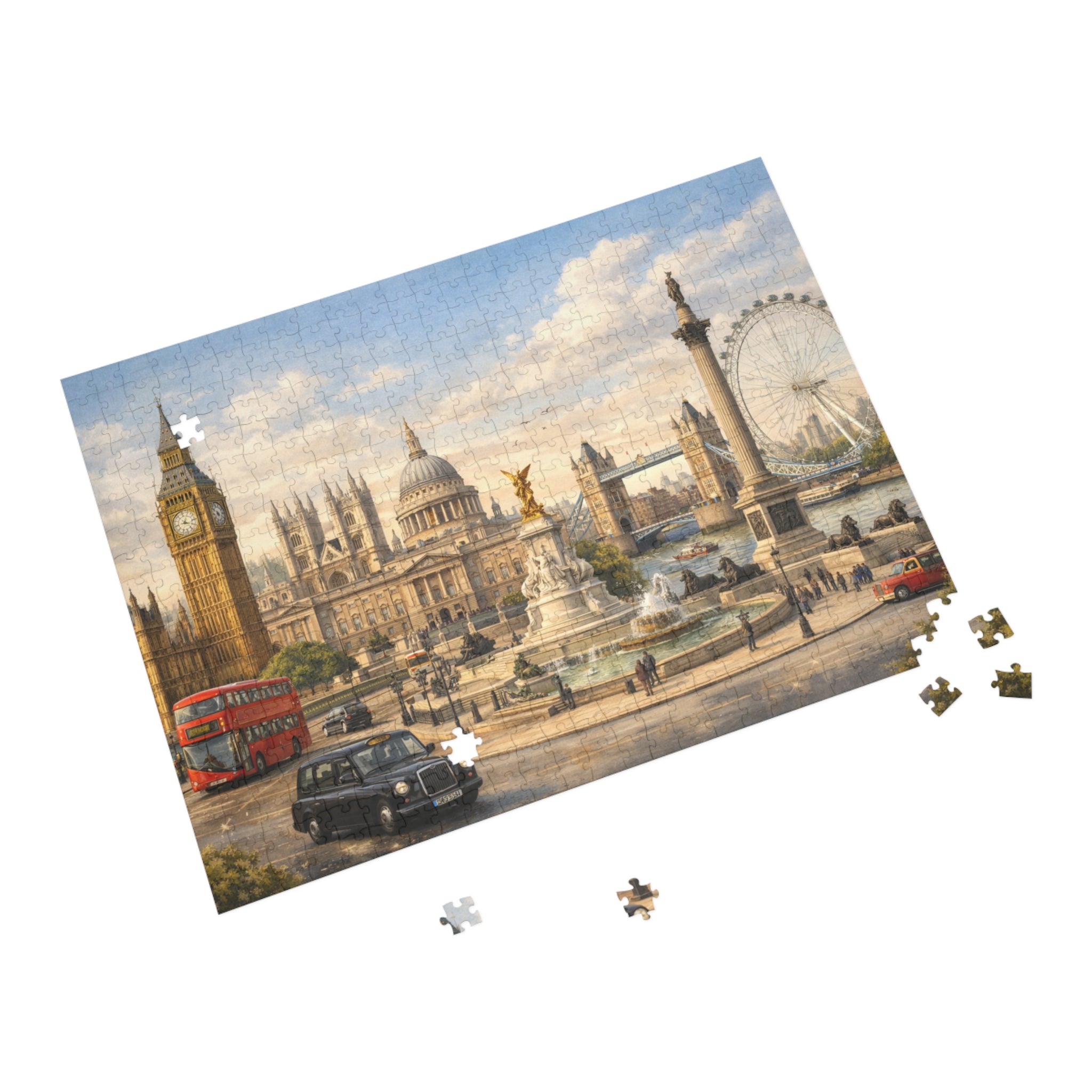 London Cityscape Vintage Big Ben London Eye Red Bus Jigsaw Puzzle