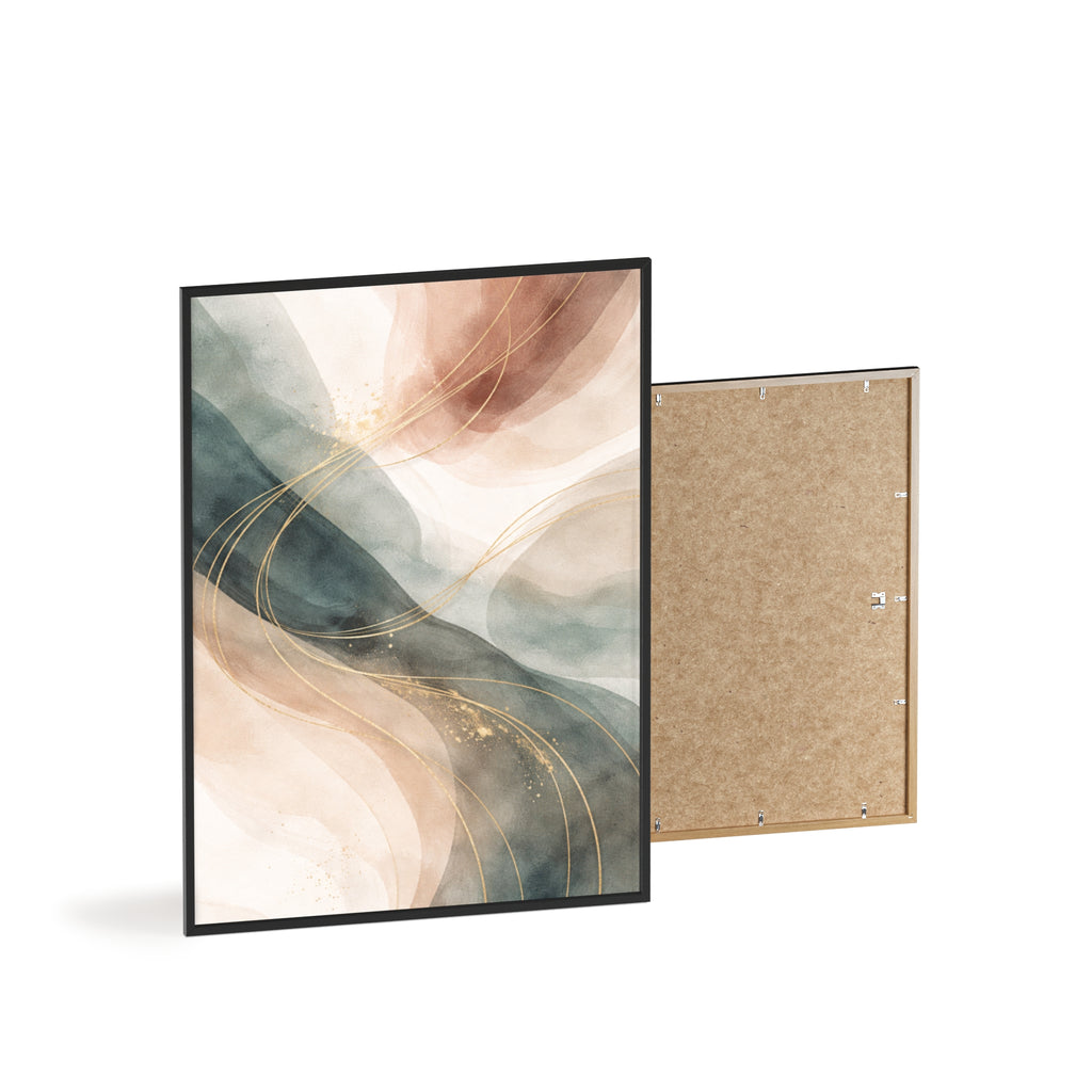 Abstract Gold Wave Poster Soft Peach & Teal Wall Art with Wooden Frame