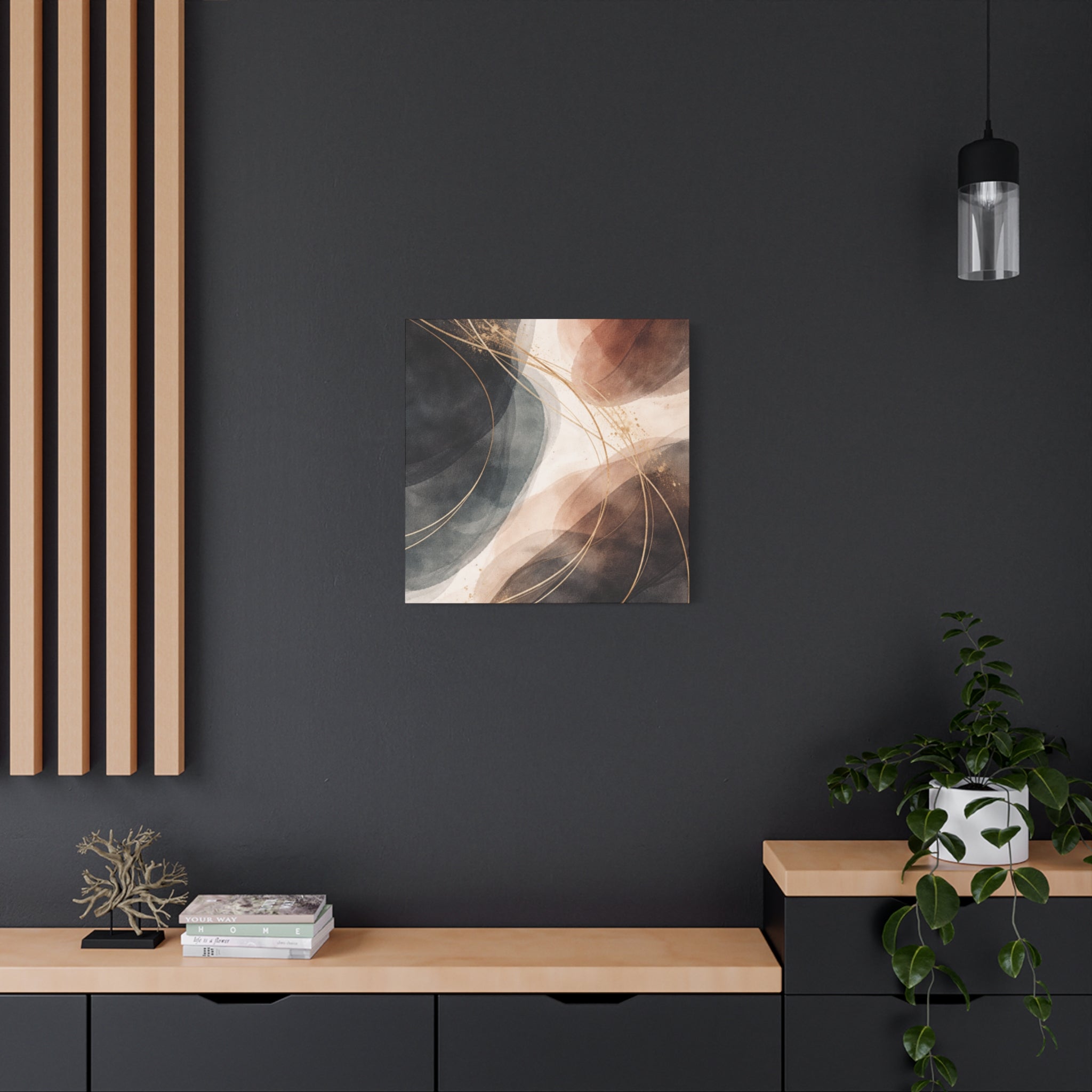 Abstract Earth Tones Matte Canvas Wall Art Modern Gold Line Accent