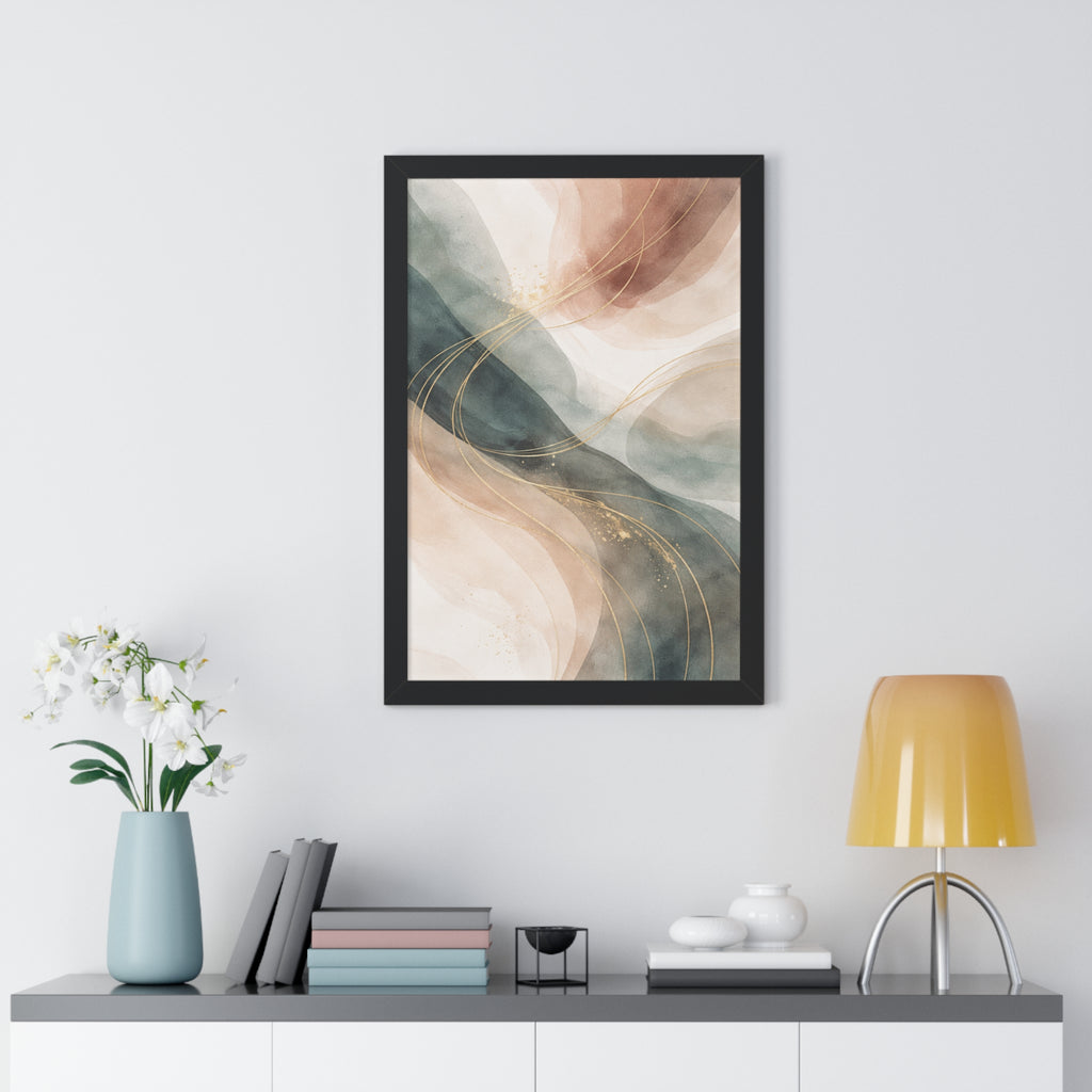 Abstract Blush & Teal Framed Poster Gold Accent Vertical Wall Art
