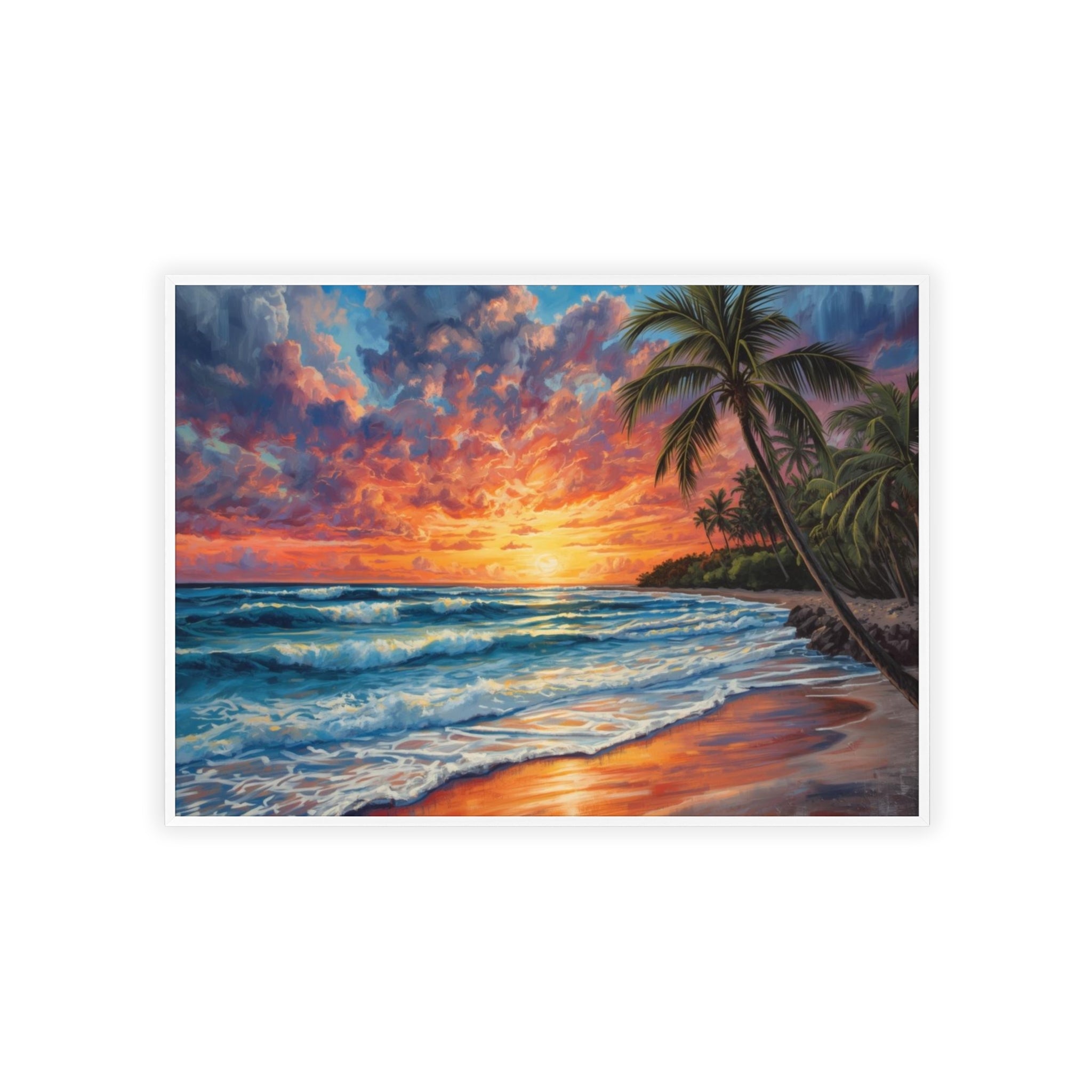Tropical Sunset Beach Poster Framed