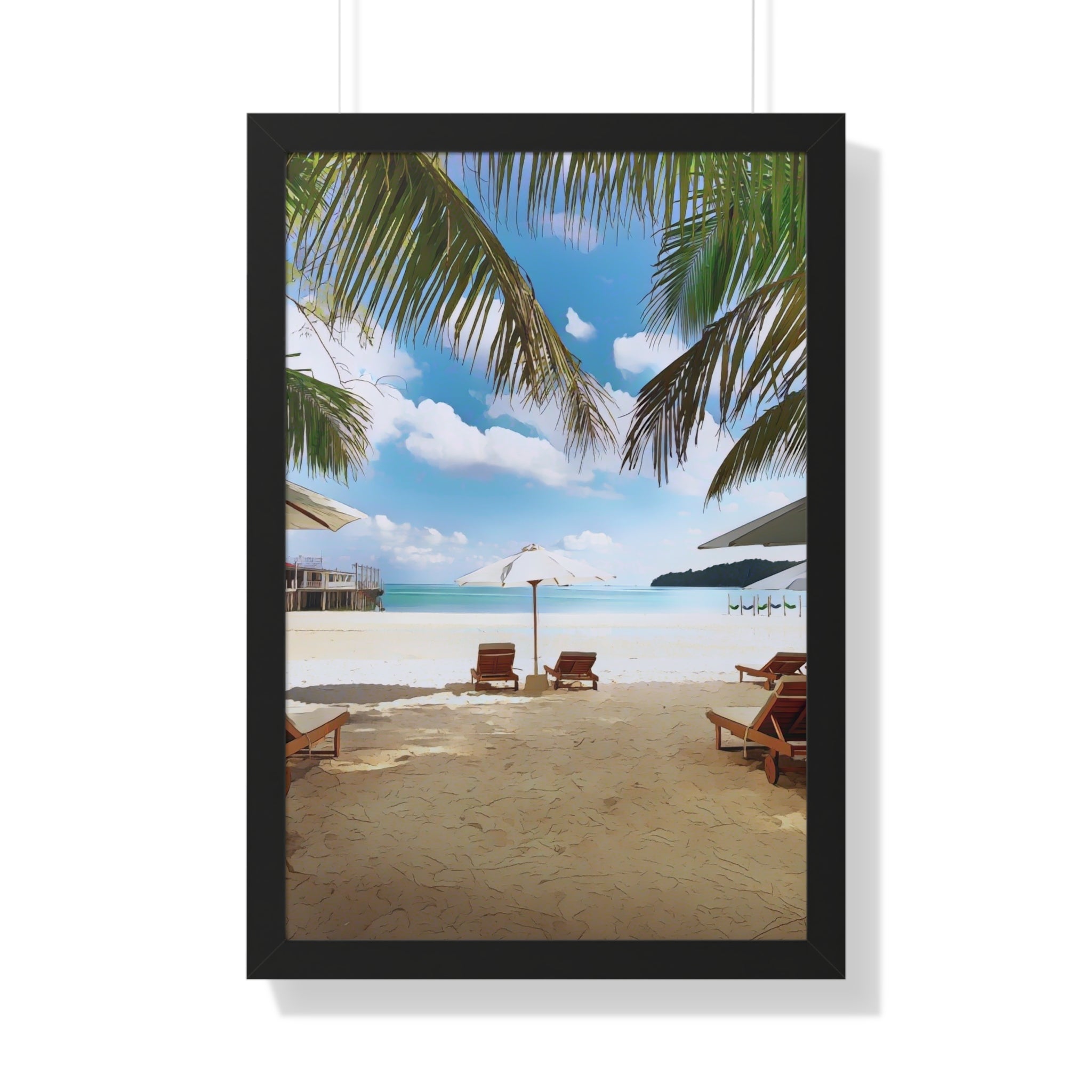 Tropical Beach Scene Palm Trees, Lounge Chairs, Ocean View Framed Vertical Poster
